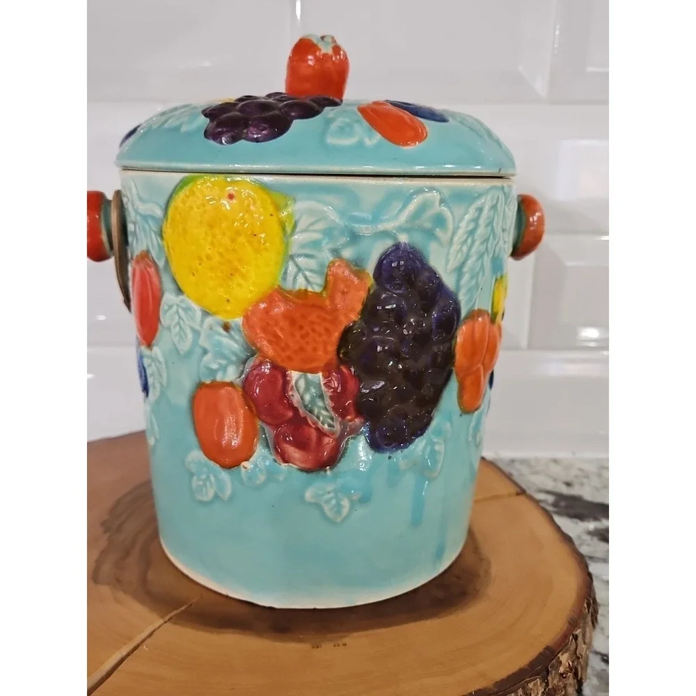 Vintage Biscuit Jar With Lid & Wicker‎ Handle Ceramic Made In Japan 8.5×6×6 inc